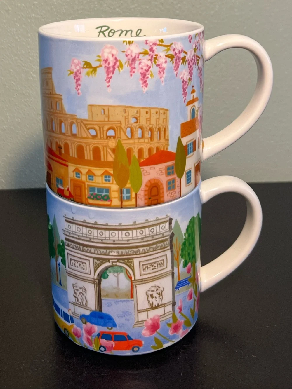 2 Sur La Table Mugs ~ Arc de Triomphe ~ Paris, France & Colosseum ~ Rome, Italy